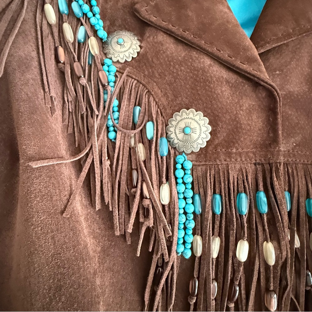 Vintage SAGUARO Brown Suede Leather Beaded Fringe Cowboy Western Jacket Size L - Picture 15 of 16
